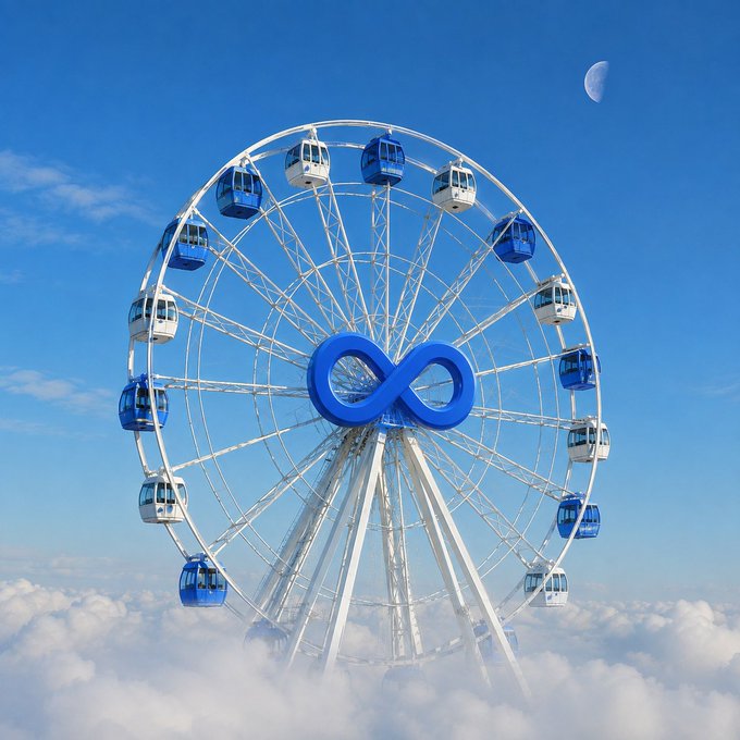 A Ferris wheel with blue and white cabins rises above the clouds, featuring a large blue Meta (Facebook) infinity symbol at its center and a crescent moon visible in the sky—visually echoing the post's reference to a "trip to the moon" while tying the Meta logo to the soaring ascent.