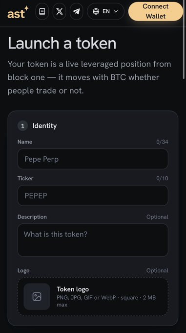 The image depicts the "Launch a token" page on the ast.fun platform, showing an "Identity" form where users can input token details like Name (filled as "Pepe Perp"), Ticker ("PEPEP"), Description, and Logo. This relates to the post by showcasing the actual user interface of $ast.fun, the meme launchpad built on Aster DEX that the post is discussing and researching.