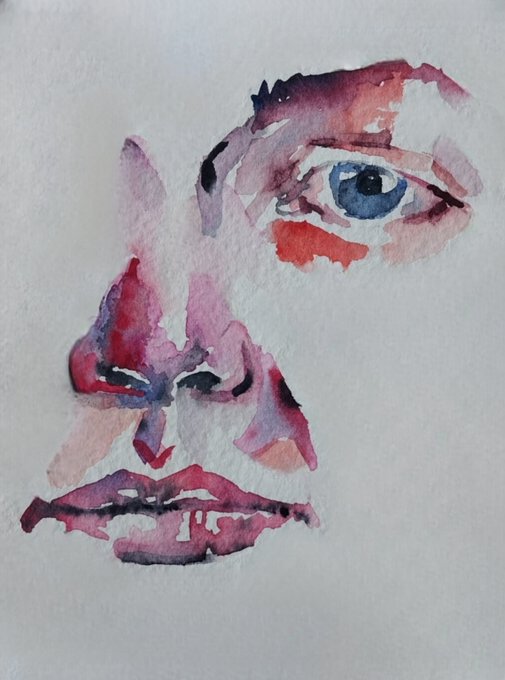 A watercolor painting portrait of a face rendered in purple, pink, and red tones with a prominent blue eye.