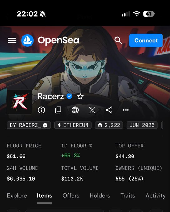The image shows an OpenSea collection page for "Racerz" on the Ethereum network, displaying a floor price of $51.66 (approximately 0.03 ETH), a 1D floor increase of +65.3%, and 24H volume of $6,095.10. The post celebrating "pumping racers to 0.03 eth" aligns with the visible floor price, which reflects that milestone.