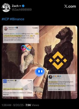 The image displays a X post by Zach, relating to Binance, marked with a "7.9K views" count at the bottom. The X post features a tweet that mentions $ICP, which likely stands for "Internet Computer". The illustration hints at a humorous or satirical situation, possibly related to online interactions or technology. Zach's username and the hashtags in the X post provide context for the initial tweet. The accompanying tweet by Zach "@bot just saying" implies a reaction or commentary on the shared content regarding the $ICP token.