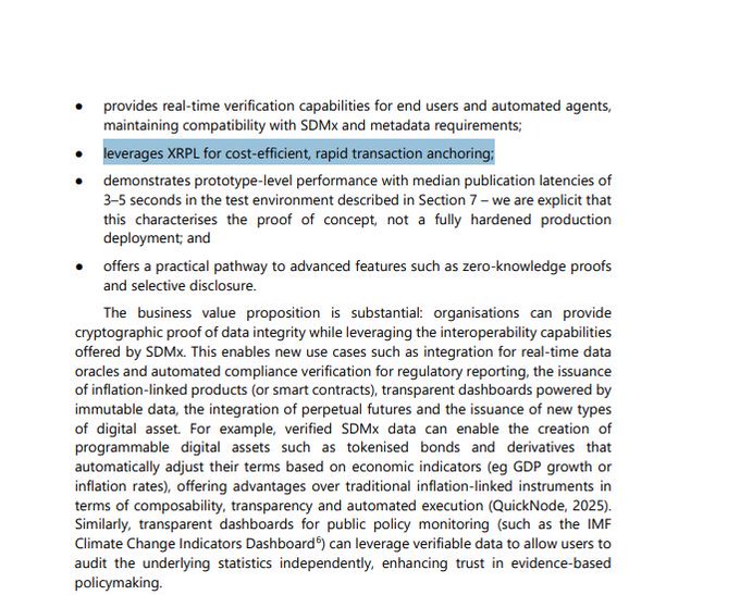 A document discusses real-time verification, cost-efficient transaction anchoring with XRPL, prototype performance latencies of 3-5 seconds, and zero-knowledge proofs, while describing business value propositions for SDMX-compliant cryptographic data integrity, programmable digital assets like inflation-linked bonds, and transparent dashboards such as the IMF Climate Change Indicators Dashboard.