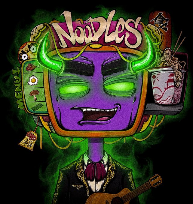 A colorful digital artwork titled 'Noodles' featuring a purple-faced character with glowing green horns and eyes, a mustache, and a guitar, surrounded by food imagery like eggs, ramen, and chopsticks.