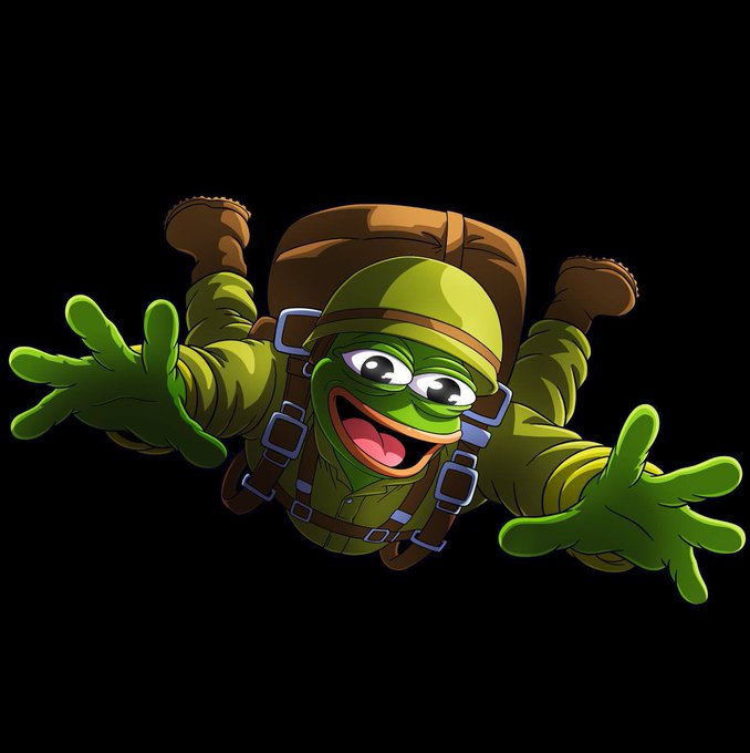 A cheerful green frog wearing a military parachute harness and helmet is shown free-falling with arms outstretched, perfectly capturing the "stealth launch" skydiving theme of the $AIRFROG memecoin airdrop announcement. The image visually represents the playful, action-packed vibe behind the token's surprise giveaway to the first 999 retweeters.