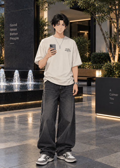 An anime-style illustration depicts a young man with black hair wearing a white t-shirt with 'Another Perspective' text, baggy jeans, and sneakers, holding a smartphone in a plaza with a fountain and signs reading 'Good Ideas Better People' and 'A Calmer You'.