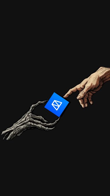 An artistic image featuring a gnarled, tree-like hand passing a blue card with a white logo to a human hand against a black background.