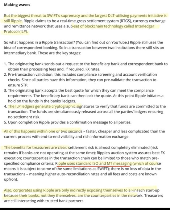 The image highlights Ripple as the largest DLT-utilising payments initiative and a major threat to SWIFT, explaining its Interledger Protocol (ILP) and four-stage real-time gross settlement process. It also notes that Ripple uses standard ISO and MT messaging—making it subject to the same limitations as SWIFT, which ties into the post's emphasis.