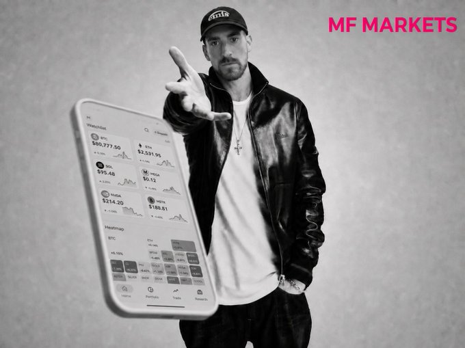 An MF Markets advertisement features a man in a black leather jacket and cap reaching toward a floating smartphone displaying a trading dashboard with watchlist and market data.