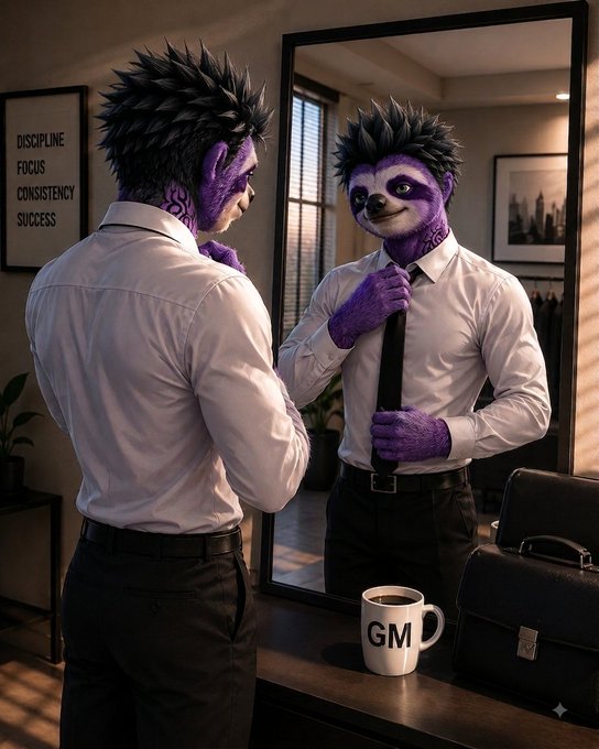 A furry purple character in a white shirt and tie adjusts his collar while looking in the mirror, with a 'GM' mug and a 'DISCIPLINE FOCUS CONSISTENCY SUCCESS' poster visible.