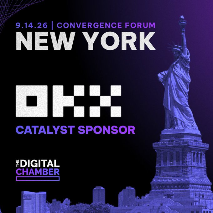 Promotional graphic for the OKX Catalyst Sponsor at the New York Convergence Forum on 9.14.26, hosted by The Digital Chamber, featuring the Statue of Liberty.