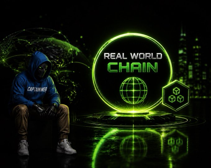 A promotional graphic for 'REAL WORLD CHAIN' featuring a hooded figure labeled 'CAPTAIN WEB' sitting on the left, with a glowing green logo and globe design on the right.