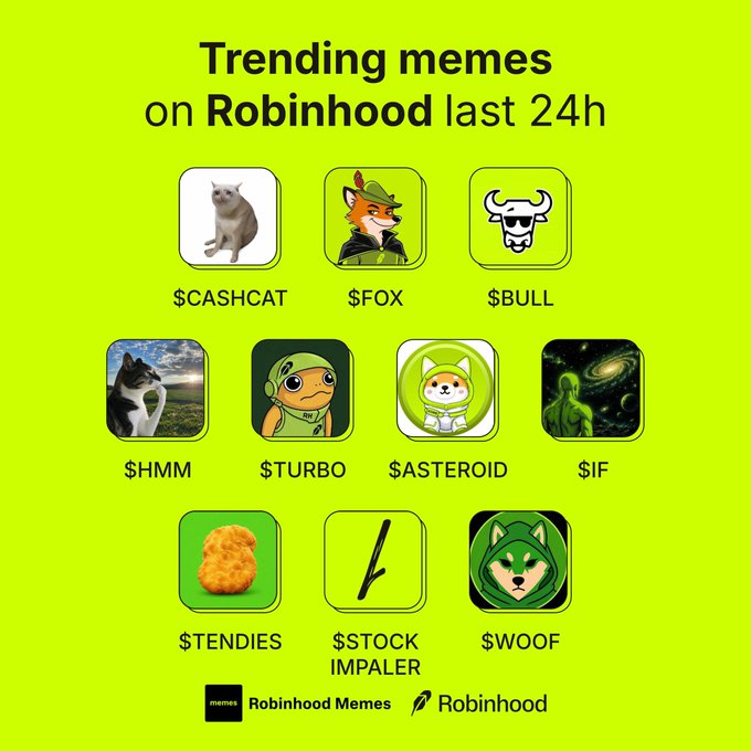 A bright green graphic titled "Trending memes on Robinhood last 24h" displays 10 meme coin icons with tickers: $CASHCAT, $FOX, $BULL, $HMM, $TURBO, $ASTEROID, $IF, $TENDIES, $STOCK IMPALER, and $WOOF, alongside Robinhood Memes and Robinhood logos. The image directly visualizes the post's list of trending meme tokens, prompting viewers to share which one they're most excited about.