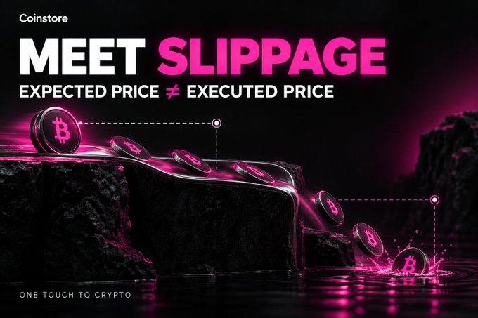 A Coinstore promotional graphic titled 'MEET SLIPPAGE' with the tagline 'EXPECTED PRICE ≠ EXECUTED PRICE,' showing pink Bitcoin coins cascading down rocky cliffs into glowing water.