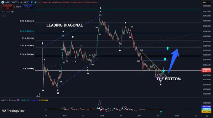 A TradingView chart of $SNEK/USDT on MEXC displays an Elliott Wave analysis labeled "LEADING DIAGONAL" at the peak, marking a 97% decline to "THE BOTTOM" with arrows indicating an upcoming bullish reversal, accompanied by an MACD indicator below.