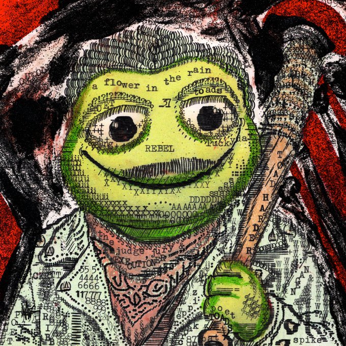 A striking mixed-media portrait of a green, frowning smiley-face character with large eyes, set against a textured red and black background, overlaid with scattered text fragments like "a flower in the rain," "REBEL," "Micky," "DEATH," "soet," and "spike"—fitting for an #AUCTION #NFT post as the chaotic collage aesthetic embodies the digital collectible art market's blend of edginess and irreverence.