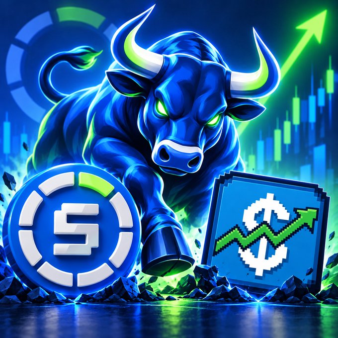Vibrant crypto-themed digital art featuring a powerful blue bull with glowing green eyes and horns, alongside a coin with the letter 'S' and a rising dollar sign on a chart.