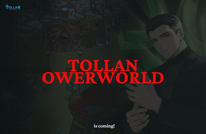 Promotional artwork for the game "TOLLAN OWERWORLD" featuring an anime-style man in a black suit looking at a glowing green gem, with the small text "is coming!" at the bottom.