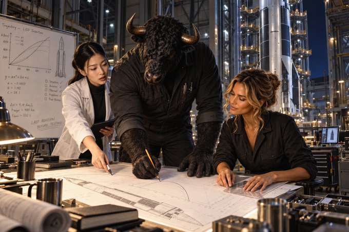 A surreal scene showing a scientist, a person in a bull mascot costume, and another person examining technical drawings together in an industrial laboratory setting.
