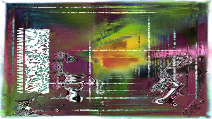 An abstract, glitch-style digital artwork featuring distorted waves, vibrant magenta and green hues, and vertical bar patterns resembling corrupted data streams.