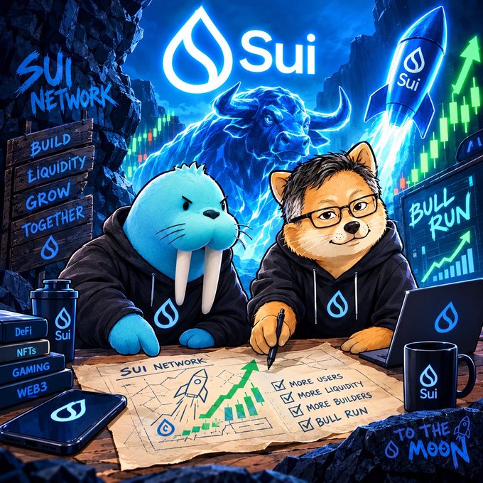 A promotional illustration for Sui Network featuring a cartoon walrus and dog character in hoodies at a desk with a checklist reading 'MORE USERS, MORE LIQUIDITY, MORE BUILDERS, BULL RUN', alongside text like 'BUILD LIQUIDITY GROW TOGETHER', 'DeFi, NFTs, GAMING, WEB3', and 'TO THE MOON'.