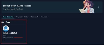 A screenshot of a 'Submit your Alpha Thesis' webpage shows a project status dashboard indicating that the 'Our Team' section is still loading with 0/100 characters entered.