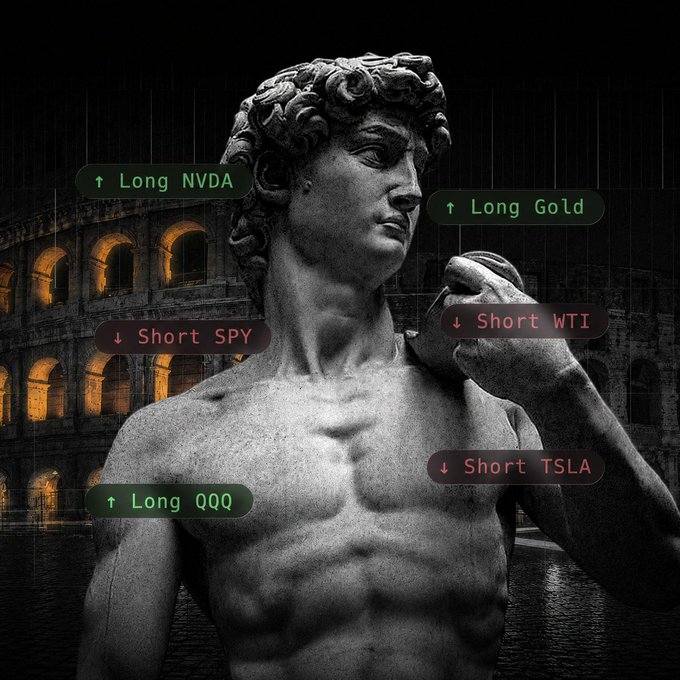 A statue of Michelangelo's David with stock trading labels overlaid: "Long NVDA," "Long Gold," "Short WTI," "Short SPY," "Short TSLA," and "Long QQQ," set against the Roman Colosseum.