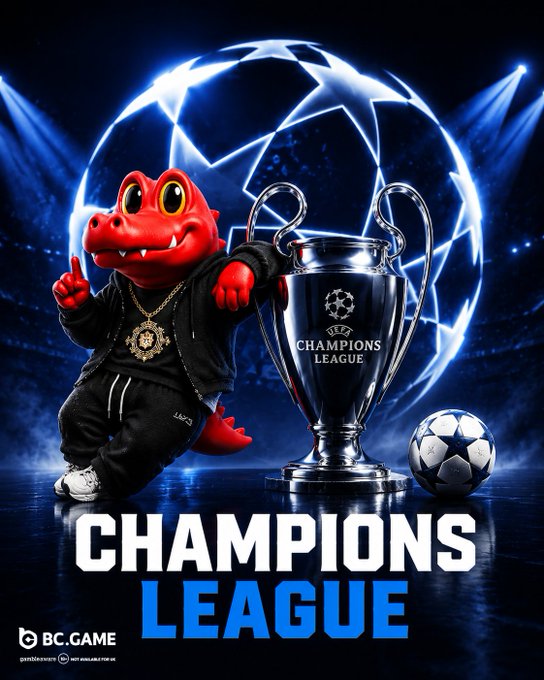 Promotional image for BC.GAME's 'CHAMPIONS LEAGUE' featuring a red crocodile mascot wearing a gold chain and black tracksuit standing next to a UEFA Champions League trophy and soccer ball.