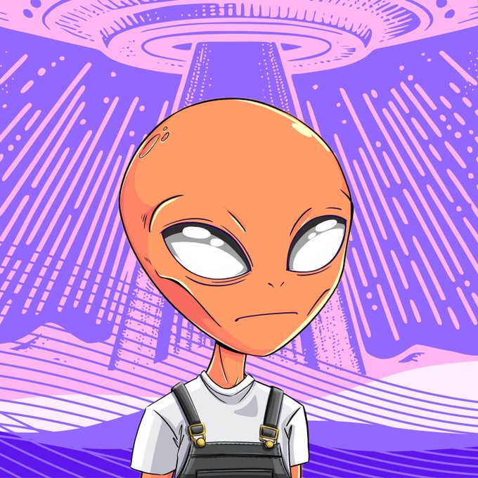 A cartoon illustration of an orange alien with large white eyes wearing a white shirt and overalls, standing before a purple UFO.