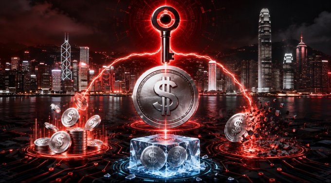 A glowing key locks onto a dollar coin over Hong Kong's skyline, symbolizing how BlockSec exposed critical security flaws in the HKDAP stablecoin just 48 hours after its launch, revealing that a single key could mint, freeze, and force-burn tokens in potential breach of Hong Kong's regulations.