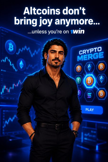 A crypto gaming advertisement featuring a man in a black shirt standing before blue screens showing Bitcoin and Ethereum logos, with text 'Altcoins don't bring joy anymore... ...unless you're on 1WIN' and a 'CRYPTO MERGE' game interface on the right.
