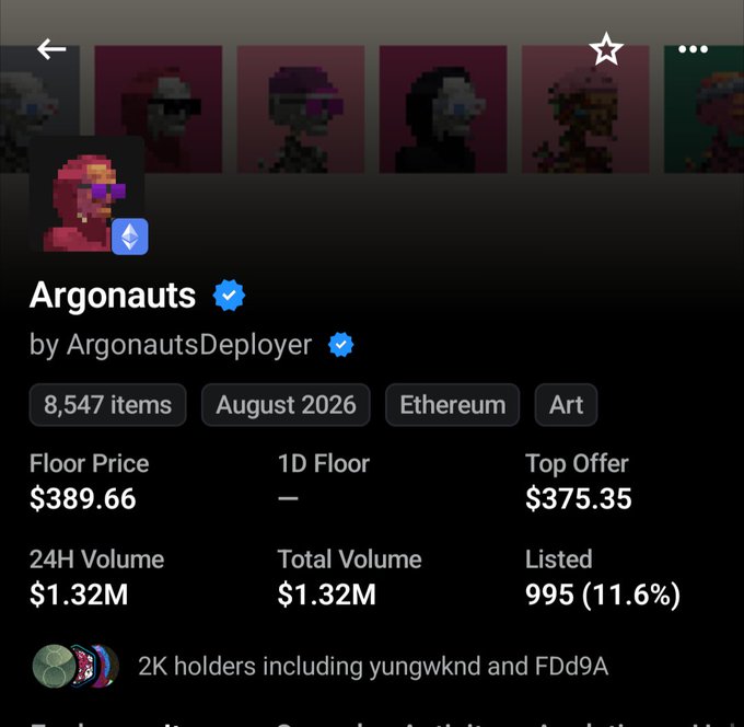 An OpenSea NFT collection page for 'Argonauts' by ArgonautsDeployer, listing 8,547 items on Ethereum with a floor price of $389.66 and 24H volume of $1.32M.