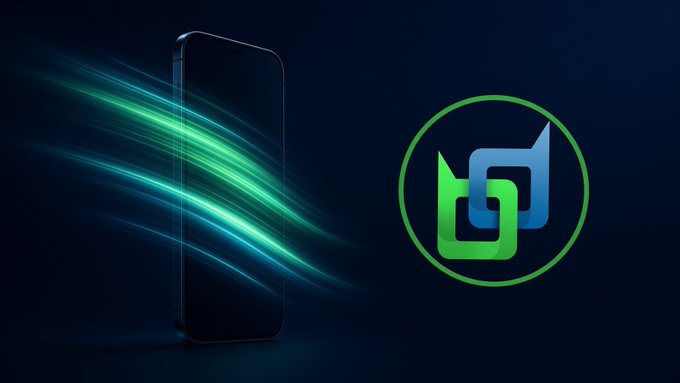 A promotional image displays a smartphone with green light streaks alongside a green and blue logo.
