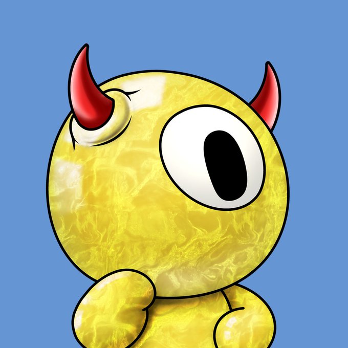A yellow cartoon character with large eyes and red devil horns on a solid blue background.