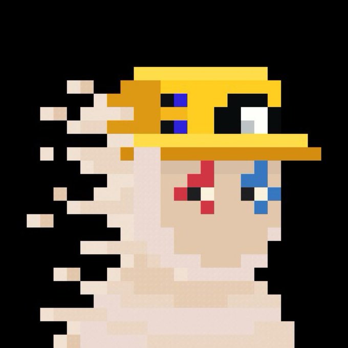 A pixel art illustration features a stylized female character wearing a yellow baseball cap with fragmented, glitch-like pixel effects on the left side of her face and hair.
