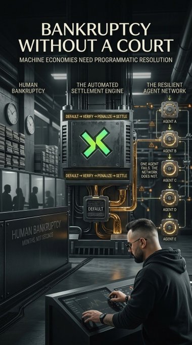 A futuristic infographic titled 'BANKRUPTCY WITHOUT A COURT' with the subtitle 'MACHINE ECONOMIES NEED PROGRAMMATIC RESOLUTION', depicting an automated settlement engine processing defaults through a network of agents labeled A through E.