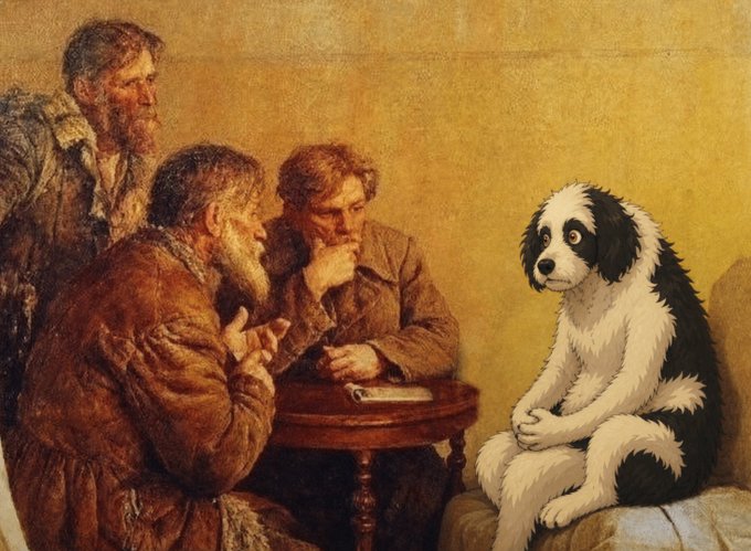 Three weathered men in sheepskin coats huddle around a small wooden table, deep in animated discussion, while a wide-eyed black-and-white dog sits upright on a chair beside them, listening intently—as if the "billion-dollar" market talk from the accompanying post is being weighed by the most honest face in the room.