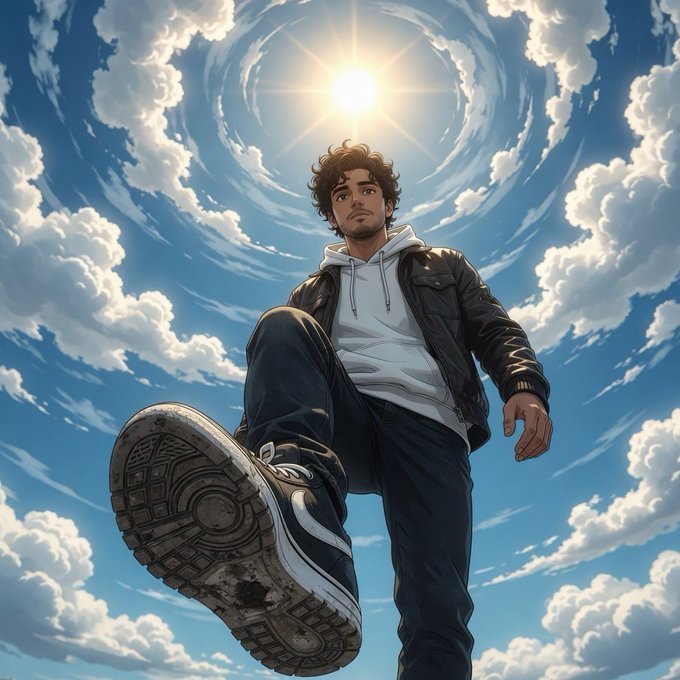 Anime/illustrated style image of a young man in a hoodie and leather jacket striding forward against a swirling sky with bright sun and dramatic clouds.
