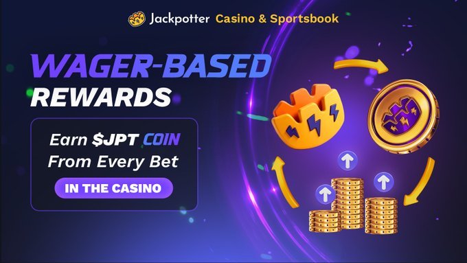 A promotional advertisement for Jackpotter Casino & Sportsbook featuring 'WAGER-BASED REWARDS' with text 'Earn $JPT COIN From Every Bet IN THE CASINO' alongside graphics of a crown, coin, and stacked chips on a purple background.