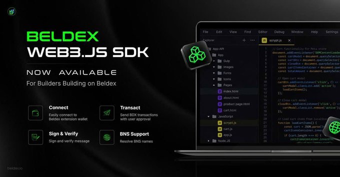 A promotional graphic announcing the 'BELDEX WEB3.JS SDK NOW AVAILABLE' with features like Connect, Transact, Sign & Verify, and BNS Support, alongside a laptop displaying code.