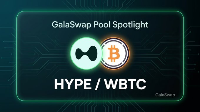 A graphic for GalaSwap's "Pool Spotlight" featuring the HYPE/WBTC trading pair, with neon green and orange tokens displayed against a dark circuit-board background, corresponding to the promoted GHYPE/GWBTC pool with $194k TVL and 13.2% APR.