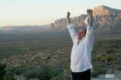 A bald man in a white shirt stands in a desert landscape with mountains in the background, raising his fists in the air in celebration.