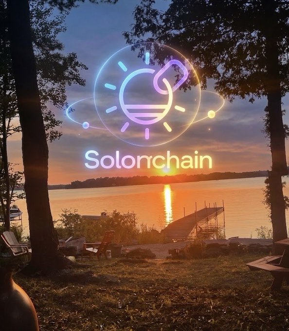 A neon-style 'Solonchain' logo featuring a lightbulb surrounded by atomic rings glows against a scenic sunset over a lake with trees framing the view.