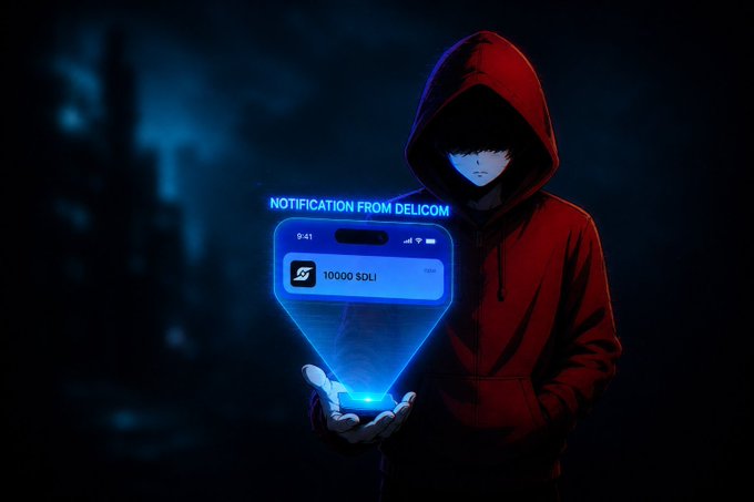 An anime-style illustration of a hooded figure holding a glowing phone that projects a 'NOTIFICATION FROM DELICOM' hologram showing '10000 SOLI'.