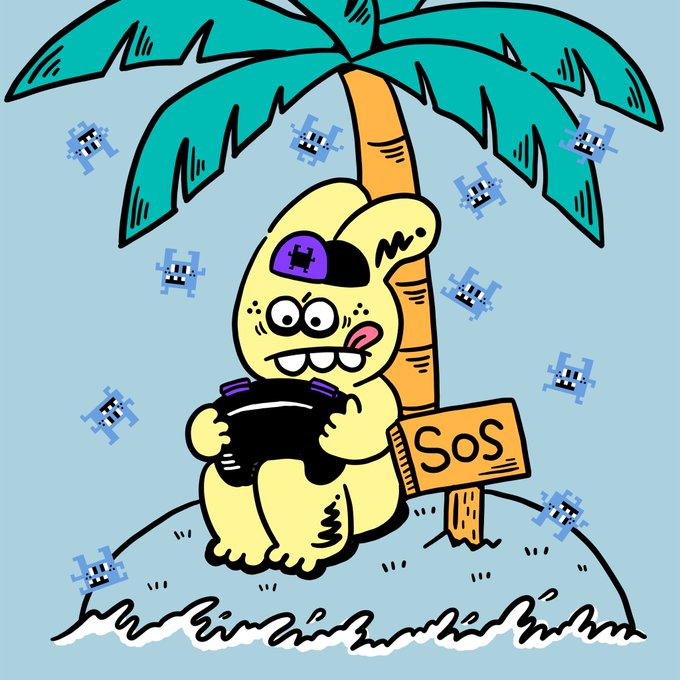 A cartoonish illustration of a yellow creature wearing an eye patch, playing a handheld game console on a small island with a palm tree and an 'SoS' sign, surrounded by blue pixelated skulls.