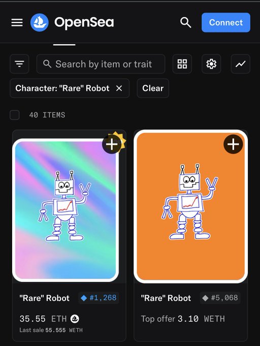 An OpenSea marketplace page displaying 'Rare' Robot NFTs filtered by the 'Rare' character trait, showing 40 items with prices like 35.55 ETH and a top offer of 3.10 WETH.