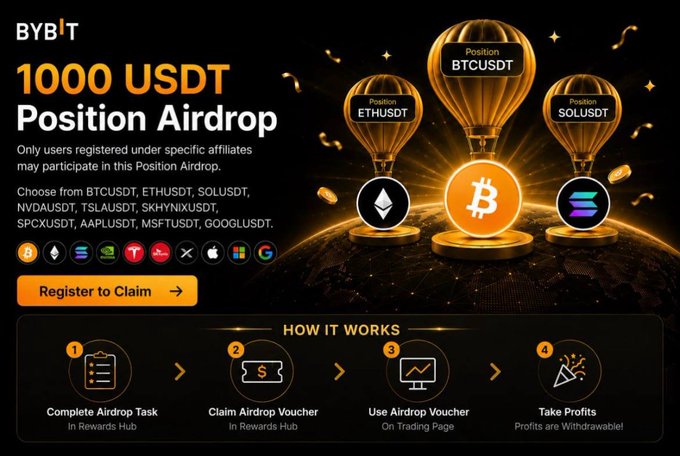 A promotional banner for BYBIT advertising a '1000 USDT Position Airdrop' featuring hot air balloons labeled BTCUSDT, ETHUSDT, and SOLUSDT, with a 4-step 'How It Works' guide.