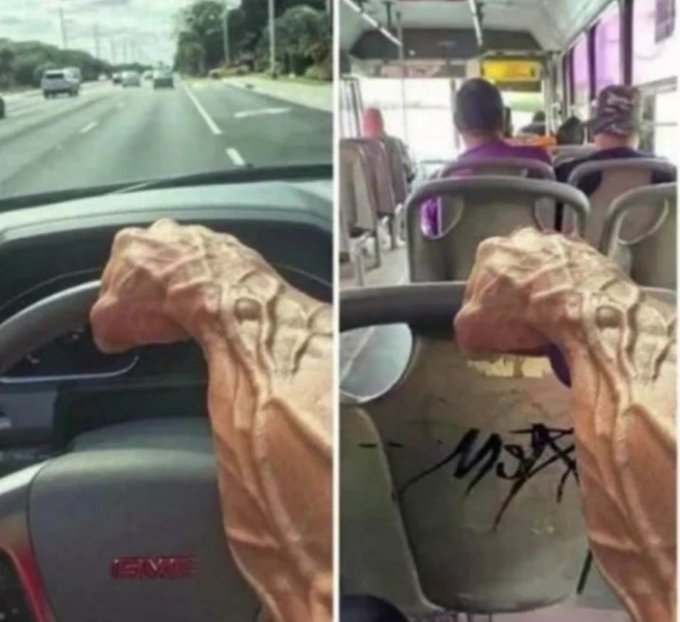 The image shows a side-by-side comparison: on the left, a thin, frail hand gripping a steering wheel while driving, and on the right, the same hand appears prominently in front of a bus seat, suggesting the person can no longer afford a car and takes public transit instead. This humorously illustrates the post's joke about losing money—perhaps from bad "VIP signal" trading tips—going from driving a GMC to riding the bus, with hand veins symbolizing financial stress in both scenarios.