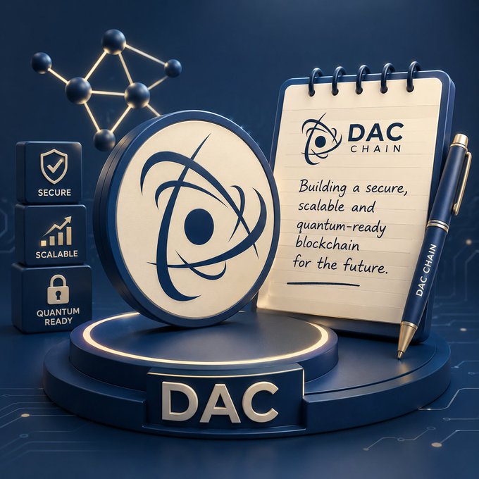 A 3D-rendered display features the DAC logo on a circular pedestal alongside a notepad reading "DAC CHAIN - Building a secure, scalable and quantum-ready blockchain for the future," with three labeled cubes highlighting "SECURE," "SCALABLE," and "QUANTUM READY" attributes. The image visually reinforces the post's emphasis on DAC Chain's long-term, security-focused approach, particularly its quantum-resistant capabilities that set it apart from hype-driven competitors.
