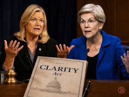 The image shows Senators Lummis and Warren seated side by side in what appears to be a congressional hearing setting, with a "CLARITY Act" document displayed prominently in the foreground, illustrating the post's point about these two senators being the public faces of the crypto market structure bill. The composition emphasizes their opposing roles in the debate over the legislation, with Lummis pushing for its passage and Warren raising warnings about it.