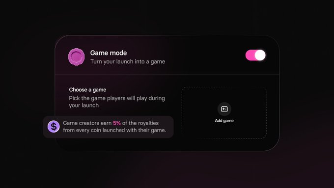 A dark-themed app interface showing a 'Game mode' toggle enabled, with options to 'Choose a game' and an 'Add game' button, noting game creators earn 5% of royalties from launched coins.